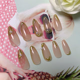 Almond Press on Nails Medium Glue on Nails Gold French Fake Nails 3D Gold Lines & Pearl Acrylic Nails Nude Translucent Nails Press ons Simple & Reusable Stick on Nails for Women 24 Pcs