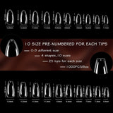 ELLEWIN 1000PCS Nail Tips Clear False Nails Full Cover for Acrylic Nails Kit 10 Sizes 4 Shapes Long Almond Square Coffin Oval Pre-Shape for Salon Home DIY Gifts