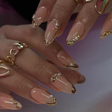 Almond Press on Nails Medium Glue on Nails Gold French Fake Nails 3D Gold Lines & Pearl Acrylic Nails Nude Translucent Nails Press ons Simple & Reusable Stick on Nails for Women 24 Pcs