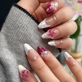 Almond Press on Nails Medium Glue on Nails Gold French Fake Nails 3D Gold Lines & Pearl Acrylic Nails Nude Translucent Nails Press ons Simple & Reusable Stick on Nails for Women 24 Pcs