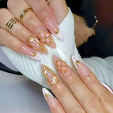 Almond Press on Nails Medium Glue on Nails Gold French Fake Nails 3D Gold Lines & Pearl Acrylic Nails Nude Translucent Nails Press ons Simple & Reusable Stick on Nails for Women 24 Pcs