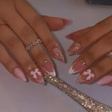 Blush Pink Sweetheart Almond-shaped press-on nails 5-piece Set |  Floral & Bow Accents | Reusable 24pcs