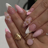 Blush Pink Sweetheart Almond-shaped press-on nails 5-piece Set |  Floral & Bow Accents | Reusable 24pcs