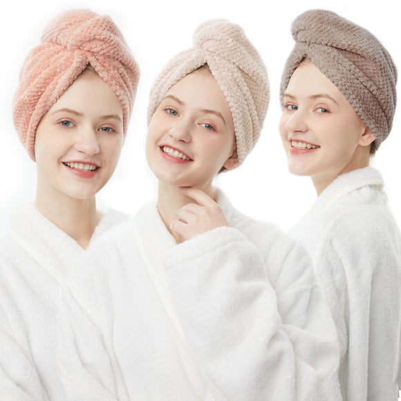 ELLEWIN Hair Towel Wrap 3 Pack, Microfiber Hair Drying Shower Turban with Buttons, Super Absorbent Quick Dry Hair Towels for Curly Long Thick Hair, Rapid Dry Head Towel Wrap for Women Anti Frizz