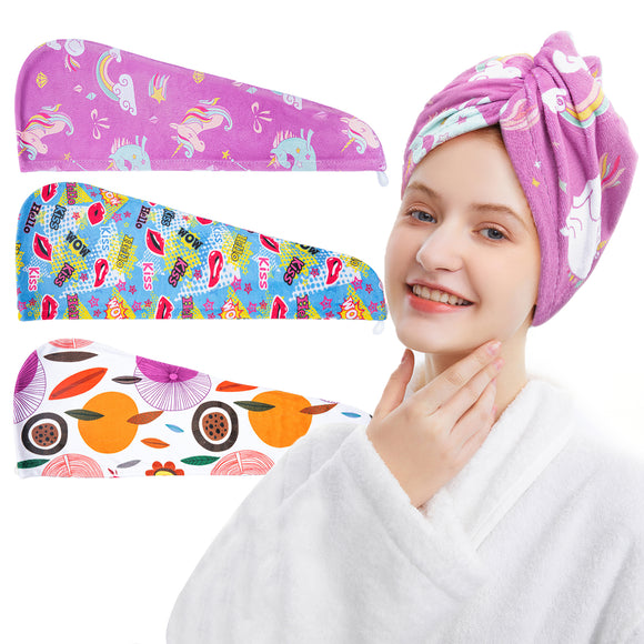 ELLEWIN Microfiber Hair Drying Towels for Kids, 3 Pack Unicorn Wet Hair Towel Wrap Turban for Girls Children Women, Quick Dry Twisty Hair Towels Wrap for Curly Long Thick Hair Anti Frizz