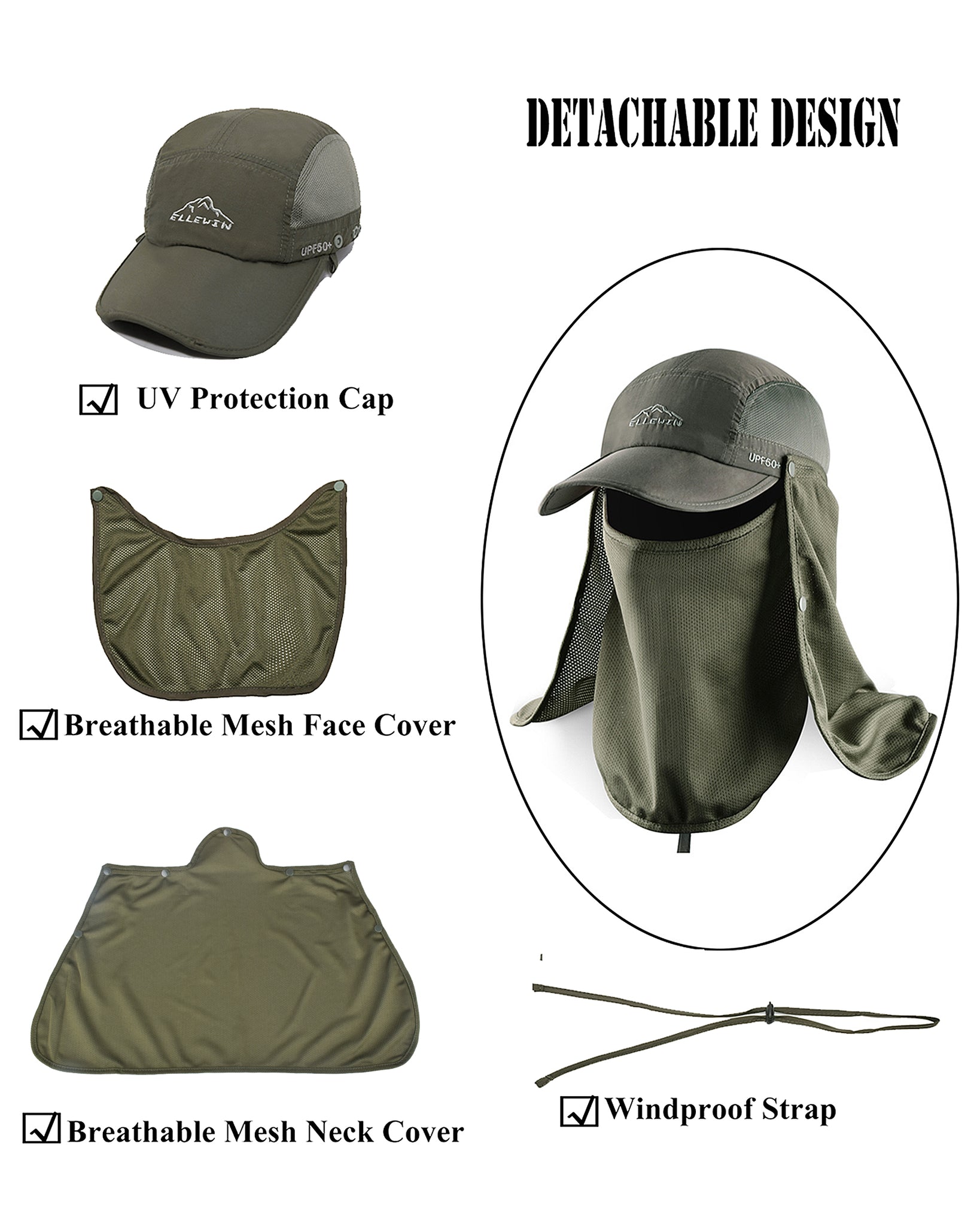 ELLEWIN Foldable 3-Panel Bill Baseball Cap with Face Neck Cover UPF 50+