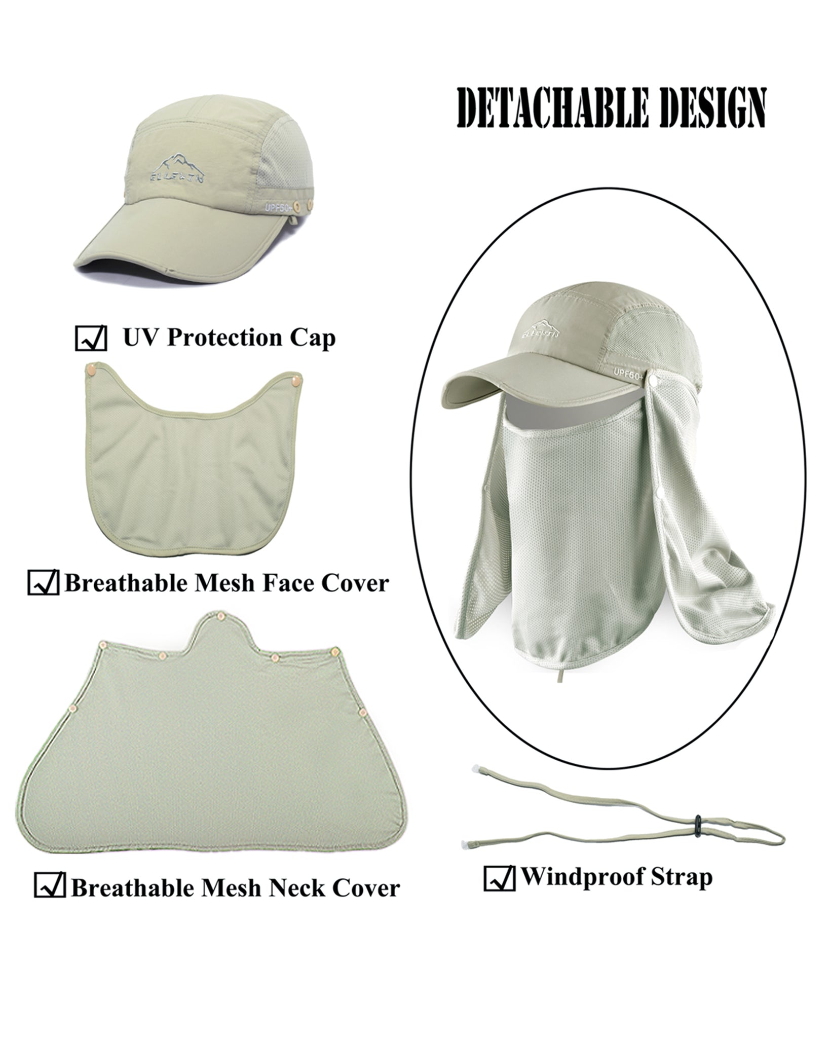ELLEWIN Foldable 3-Panel Bill Baseball Cap with Face Neck Cover