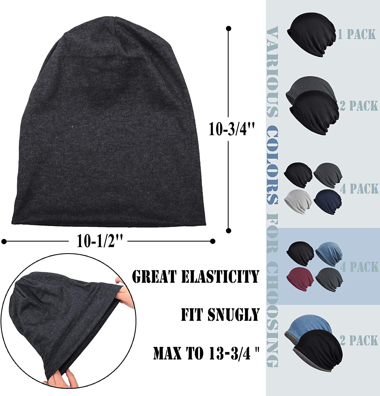 Slouchy Beanie Pack of 10 Soft Lightweight Stretch Cotton Hip Hop Hats Chemo Cap 1 Pack Two Sided Slouchy Beanie Hip Hop Soft... From Ddmydec  main image 2