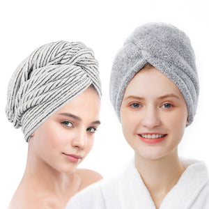 ELLEWIN Bamboo Hair Towel Wrap 2 Pack, Microfiber Hair Drying Shower Turban with Buttons,Super Absorbent Quick Dry Hair Towels for Curly Long Thick Hair, Rapid Dry Head Towel Wrap for Women Anti Frizz