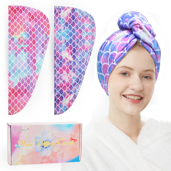 ELLEWIN Microfiber Hair Towel Wrap for Kids Girls 2 Pack Hair Turban Drying for Women Children Mothers Day Gifts Set Absorbent Quick Dry Twisty Anti Frizz Towel for Curly Long Thick Hair (Mermaid)